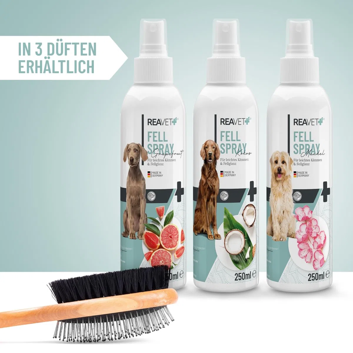 ReaVET Spray d'entretien pour le pelage à la noix de coco 250 ml – Spray doux pour chiens et chats – Spray démêlant & aide au peignage – Avec spray de coco et huile de coco