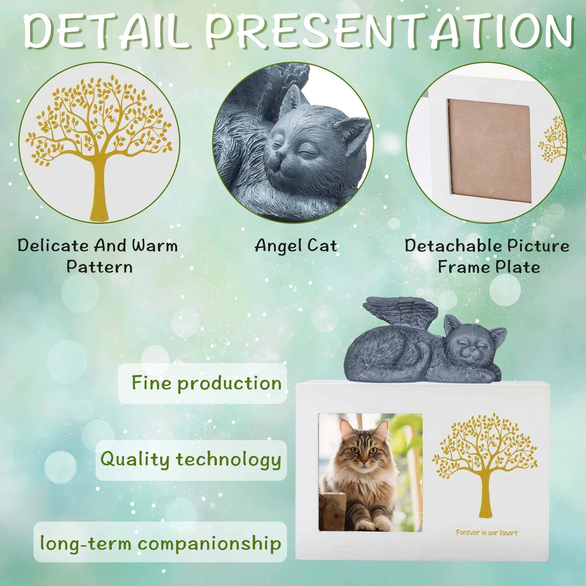 Boîte de crémation pour animaux de compagnie - Urne blanche en bois - Avec statue d'ange de chat en résine et sac