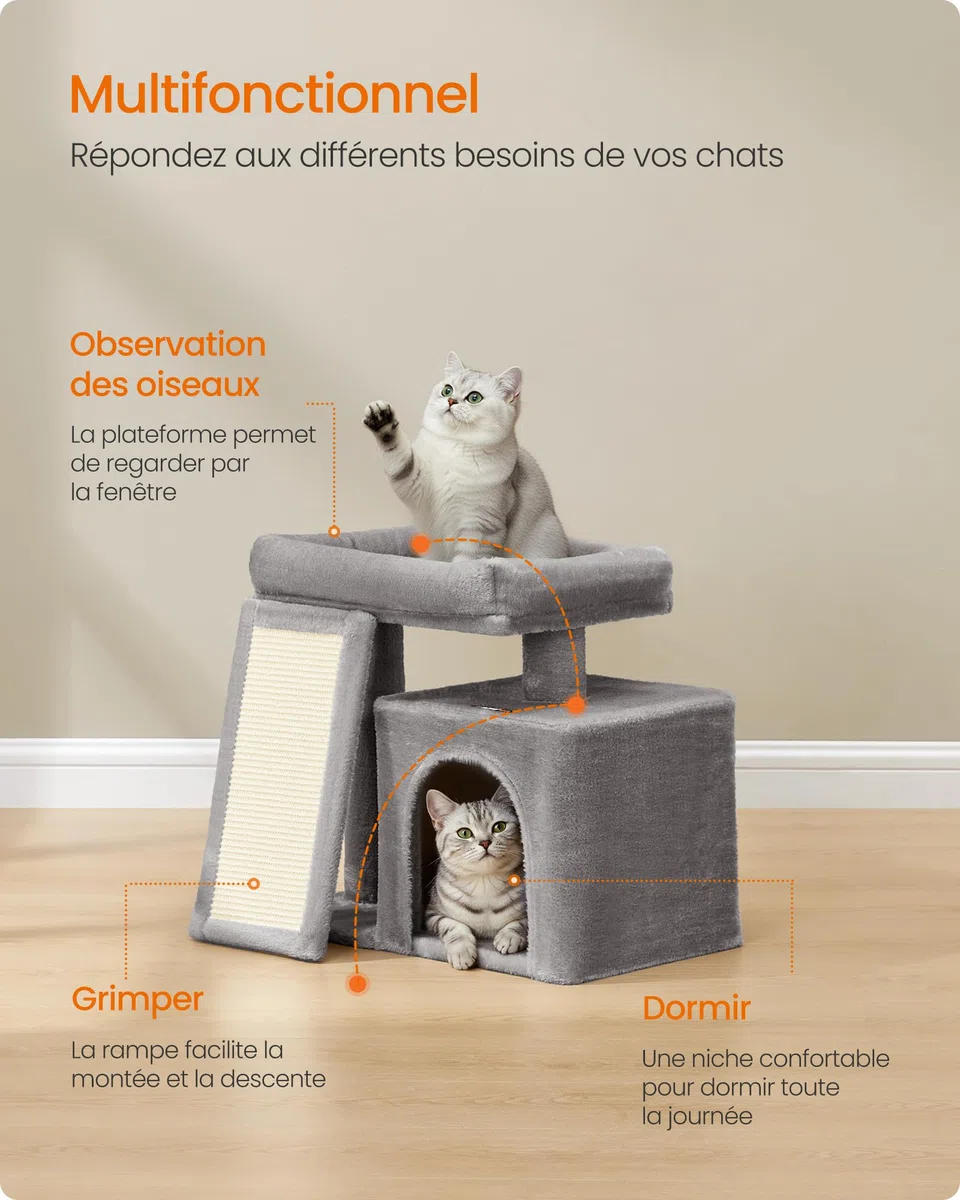 Feandrea Arbre à Chat, Tour de Jeu pour Chats, Condo avec Rampe à Griffer, Grande Plateforme Supérieure, Niche, Hauteur 44,6 cm, Gris Tourterelle PCT010GD01