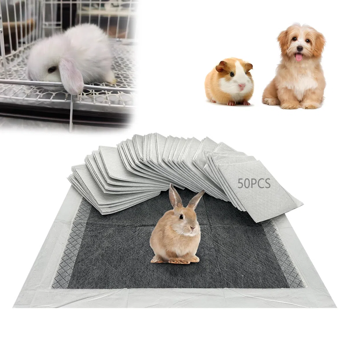 Coussinets Jetables pour Lapin, Tapis Hygiénique Absorbant pour Cochon d'Inde, Lot de 50 Tapis Éducateurs avec Surface à Séchage Rapide pour Chiots Chats Chinchillas Hamsters Furets Hérissons