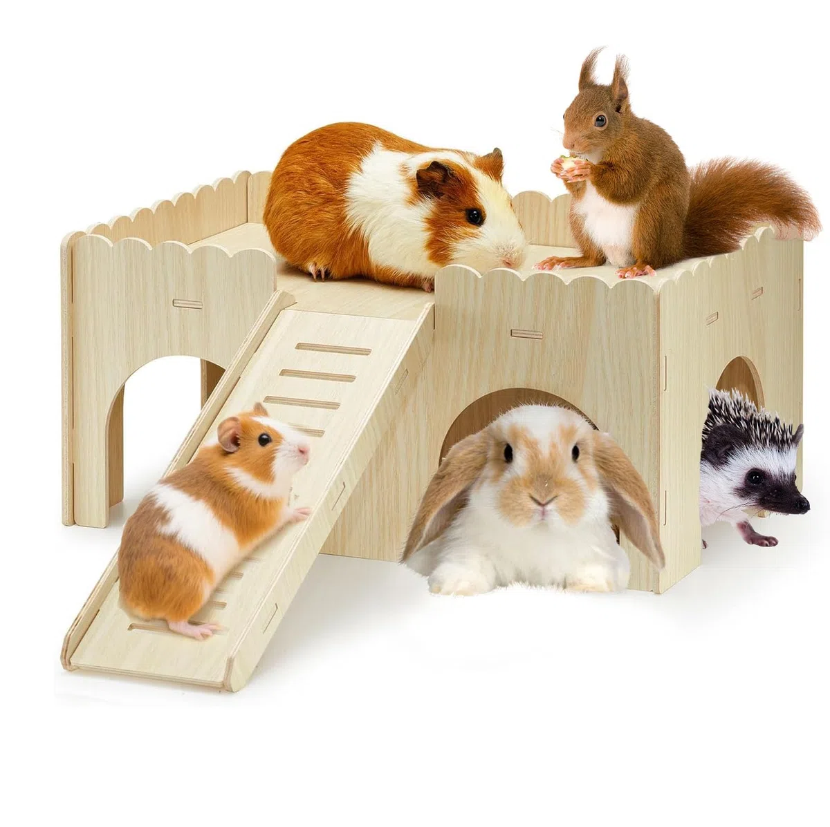 Cabane Cochon d'Inde Bois Massif 4 Entrées avec Rampe Détachable, 38x25x18cm Maison en Bois Naturelle Petits Animaux de Compagnie, Accessoires Jouets pour Hamsters, Nains, Chinchilla, Lapins