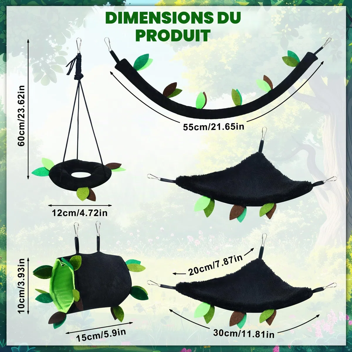 Lot de 5 hamsters à suspendre pour hamster, rat, cochon d'Inde, cage jouet accessoire de cage à motif forêt, tunnel et balançoire pour petits animaux, planeur, écureuil jouant au sommeil (noir)