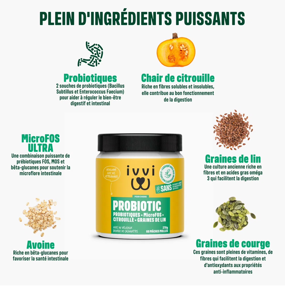 ivvi Probiotic pour Chien - Complément Alimentaire pour Bien-Etre Digestif - Probiotiques, Citrouille, Avoine, Graines de Lin et de Courge - 60 Délicieuses Friandises Végétariennes, 270g