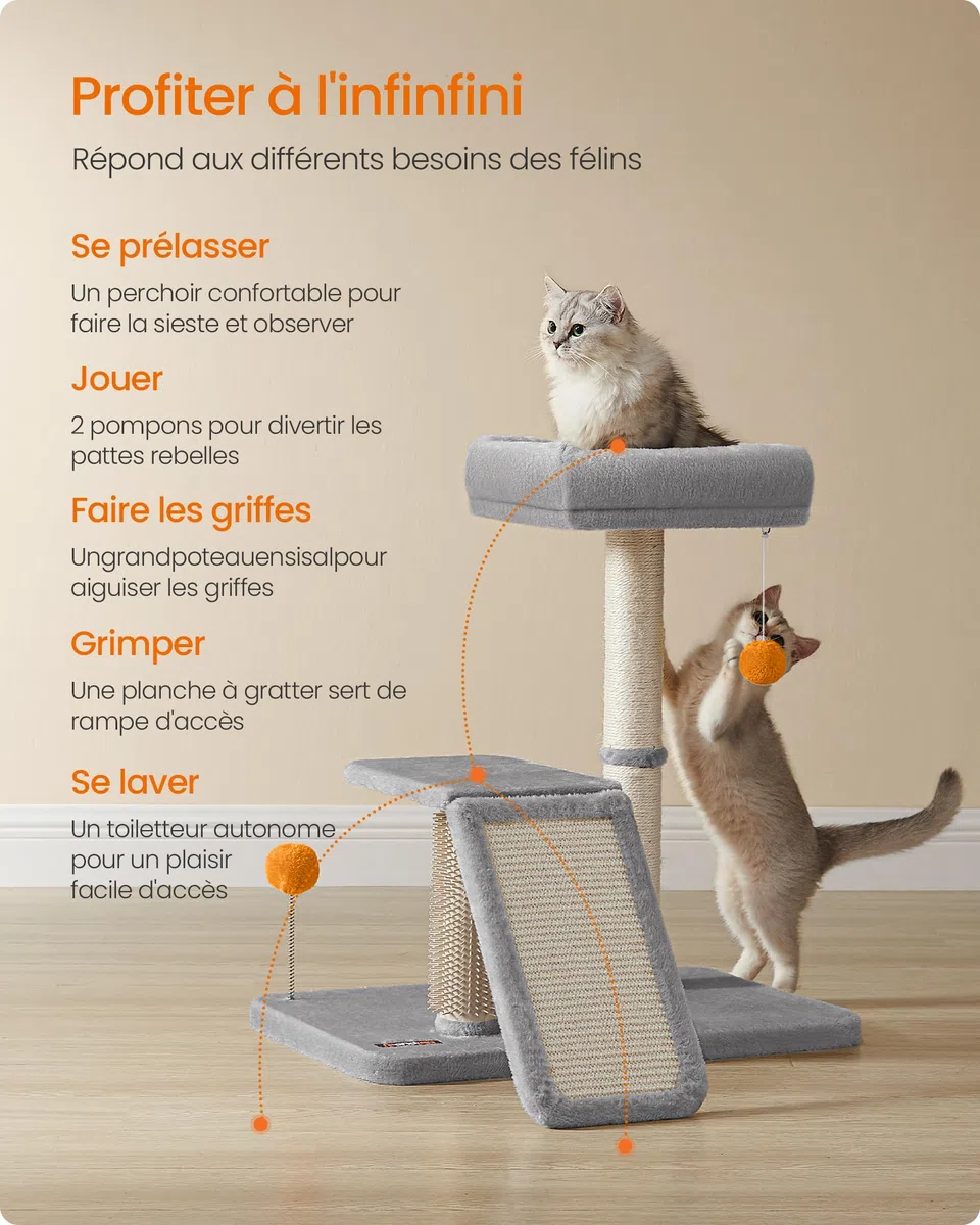 Feandrea Griffoir pour Chat avec Lit, Griffoir Multifonctionnel avec Rampe de Grattage Pivotante, Perchoir, Toilettage Autonome, Pompons, Petit Arbre à Chat, Gris Clair PCA024G01