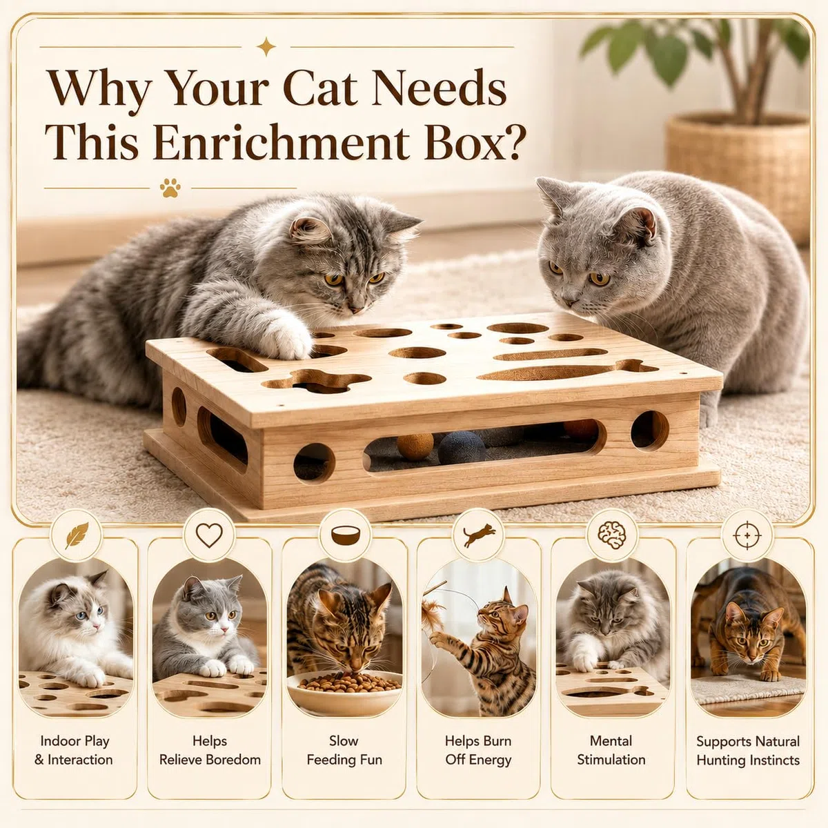 Boîte d'Enrichissement pour Chat, Boîte à griffer en Bois pour Chat, Grand Jouet d'enrichissement, 39 x 30 cm, Jouet Chat Interieur en Bois avec Lime à Ongles, Papier de Verre et 3 balles