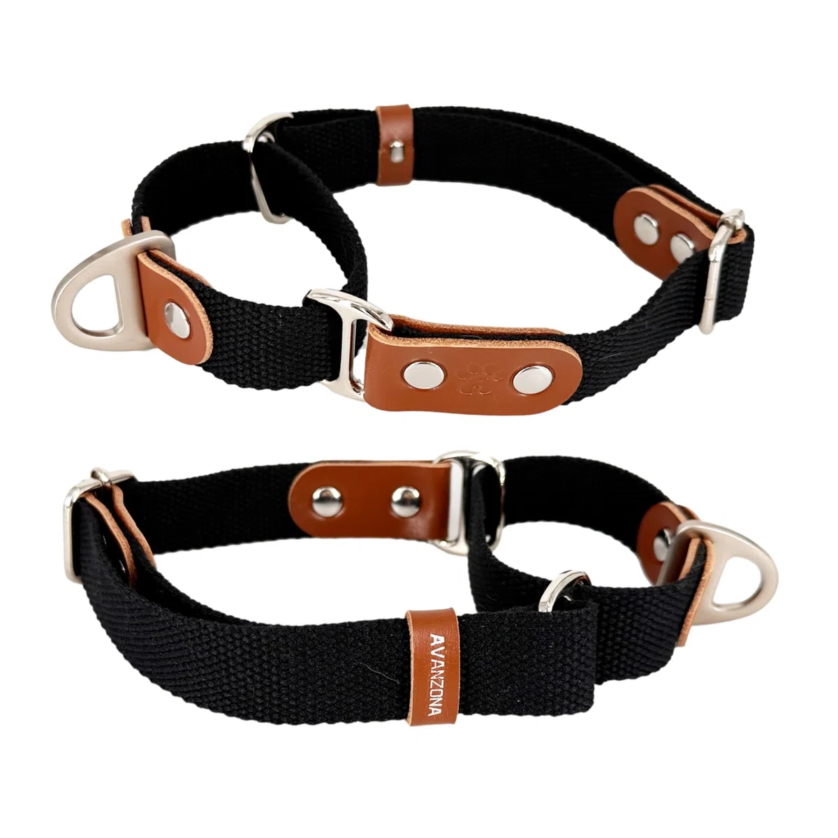 Collier pour Chien Martingale, Anti-Traction, en Poly-Coton et Cuir. M. Noir & Cognac