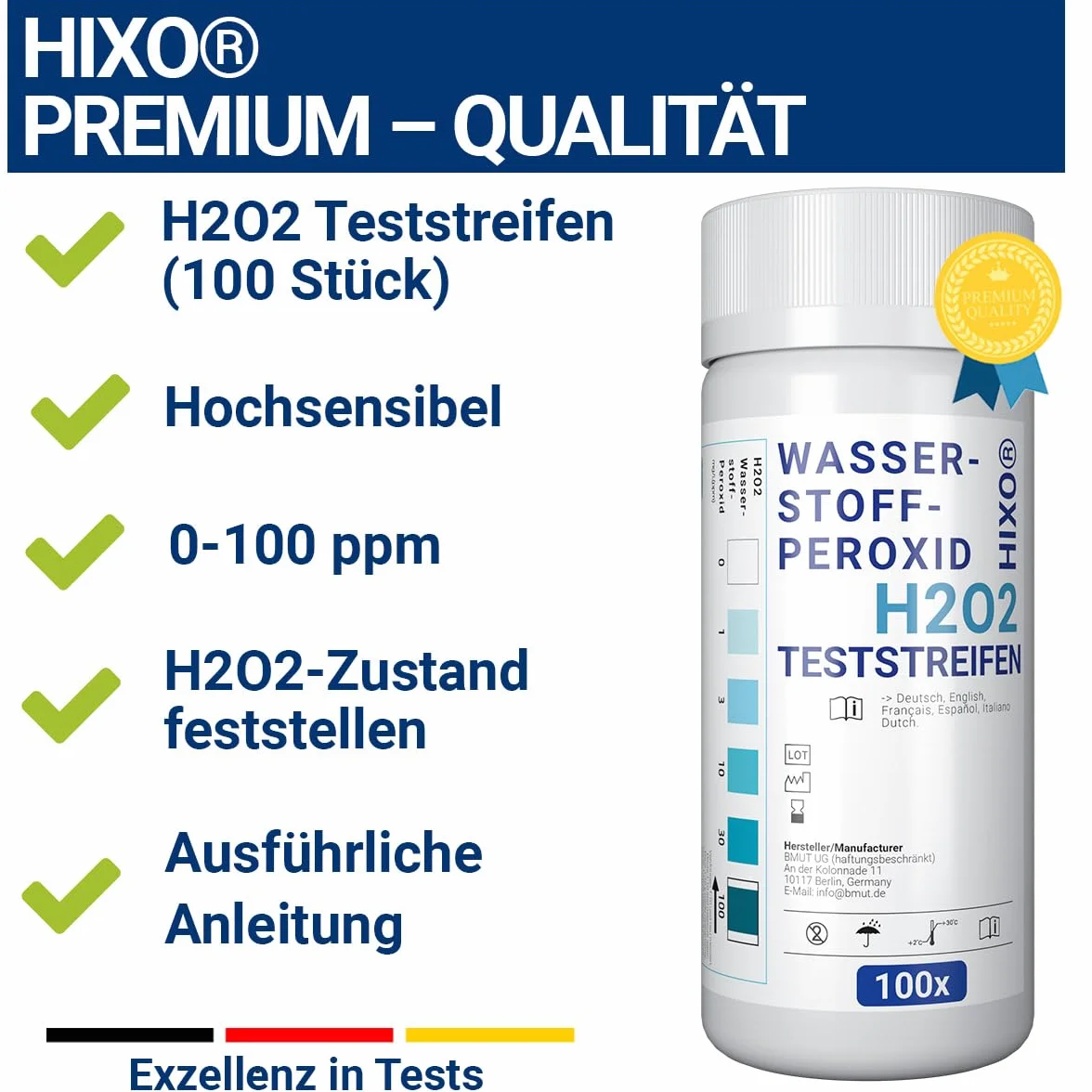 H2O2 Lot de 100 bandelettes de test au peroxyde d'hydrogène pour 0 à 100 ppm – Mesure de la concentration – Utilisation rapide et facile – Avec échelle de couleurs