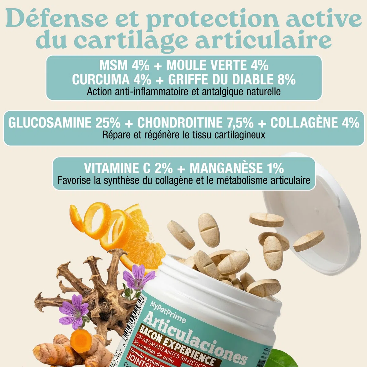 MyPetPrime Articulations Chien Complément Alimentaire 125 Comprimés | Nouvelle Formule JointSupport avec MSM, Poudre de Moule Verte, Glucosamine et Griffe du Diable