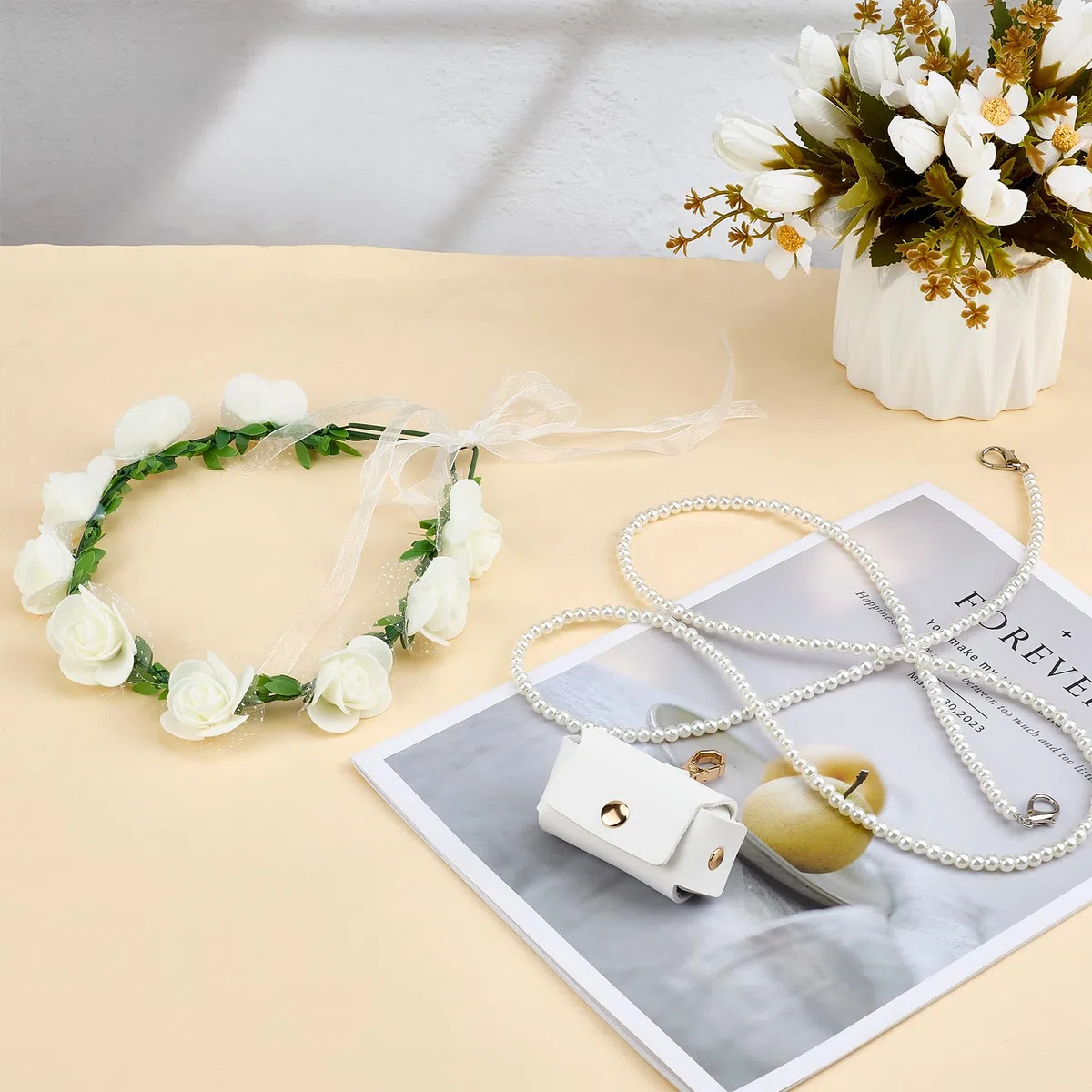 NICENEEDED Lot de 3 colliers pour mariage, chien, ensemble de fleurs, perles de laisse pour chiens avec perles porte-alliances, nœud papillon réglable pour le cou du chien