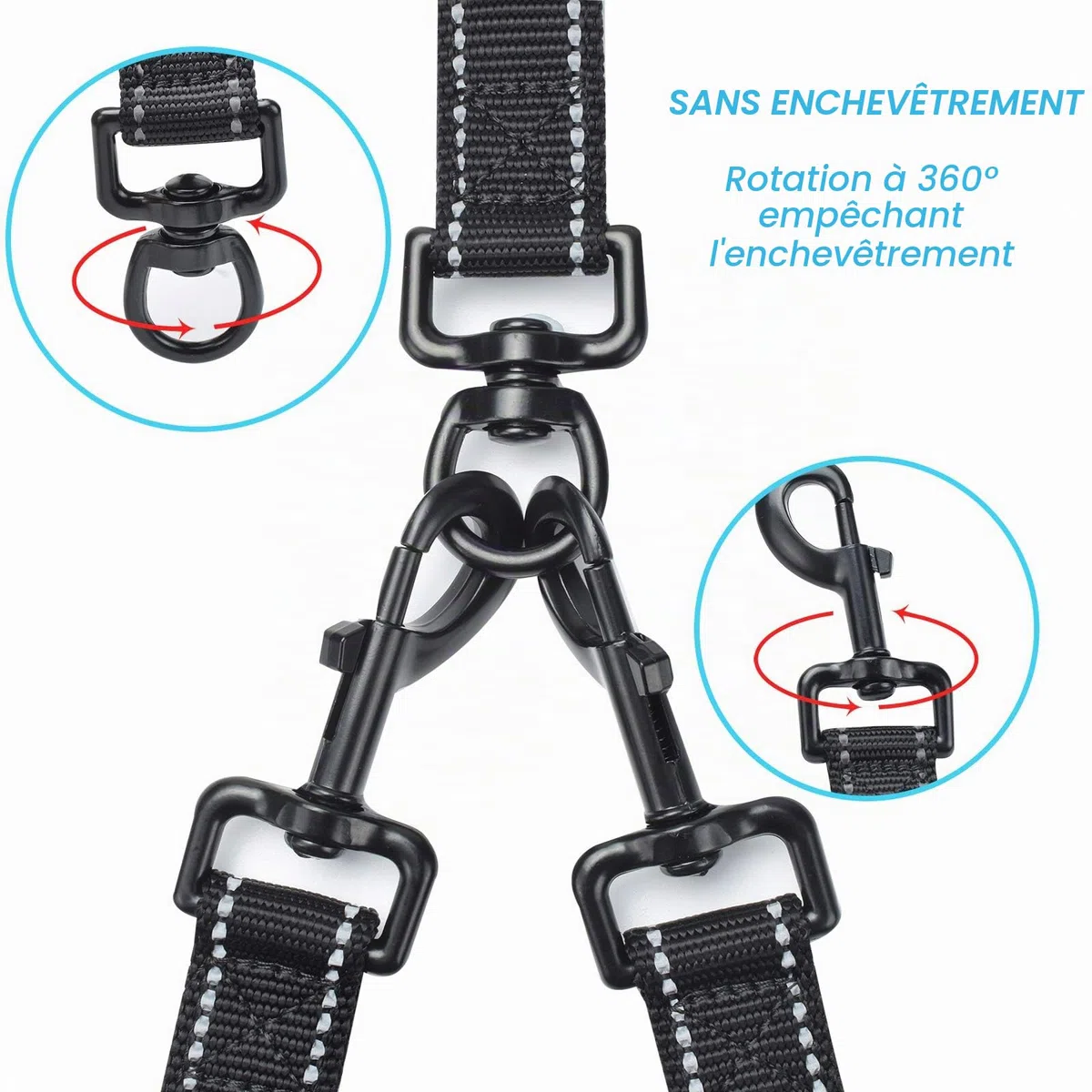 PetBonus Laisse Double pour Chien, Double Laisse Anti-Enchevêtrement Réfléchissante, avec 4 Poignées Rembourrées Confortables pour Chiens de Taille Moyenne ou Grande (Noir)