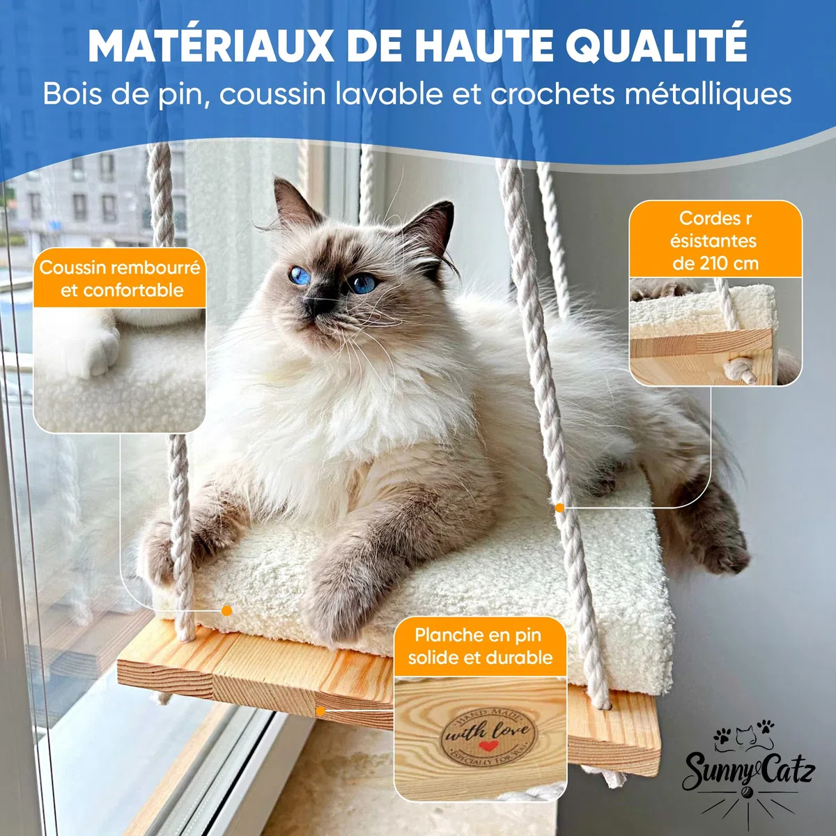 Hamac Chat Fenetre | Hamac Fenetre Chat Robuste et Ventouses Solides avec Panier Chats Moelleux | Lit Chats Interieur | Cat Bed | Table Suspendue Balcon 18 kg (49x29 cm) Coussin avec Housse Lavable