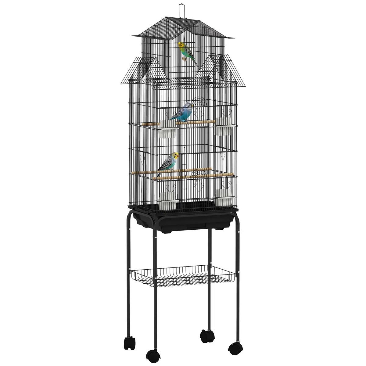 PawHut Cage à Oiseaux sur Pied, volière sur roulettes avec balançoire, poignée Portable, 4 mangeoires, Support, Design Maison, Cage pour pinsons, canaris et perruches 50,5 x 41 x 163 cm en Acier Noir