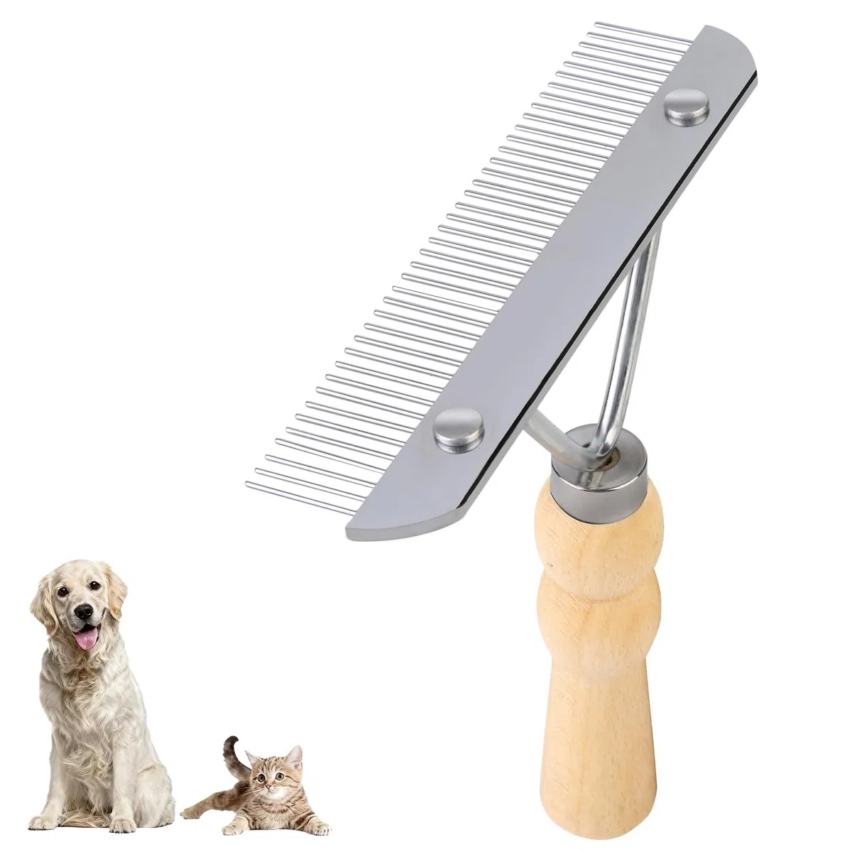 Ordermore Râteau à dents longues pour chien avec manche en bois antidérapant, peigne en acier pour poils longs