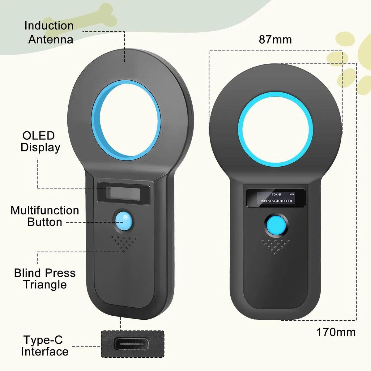 Lecteur d'identification pour animaux de compagnie, lecteur de puce Bluetooth pour animaux, lecteur de puce RFID 134,2 kHz 125 kHz avec écran OLED lumineux, capacité de stockage de 128 étiquettes