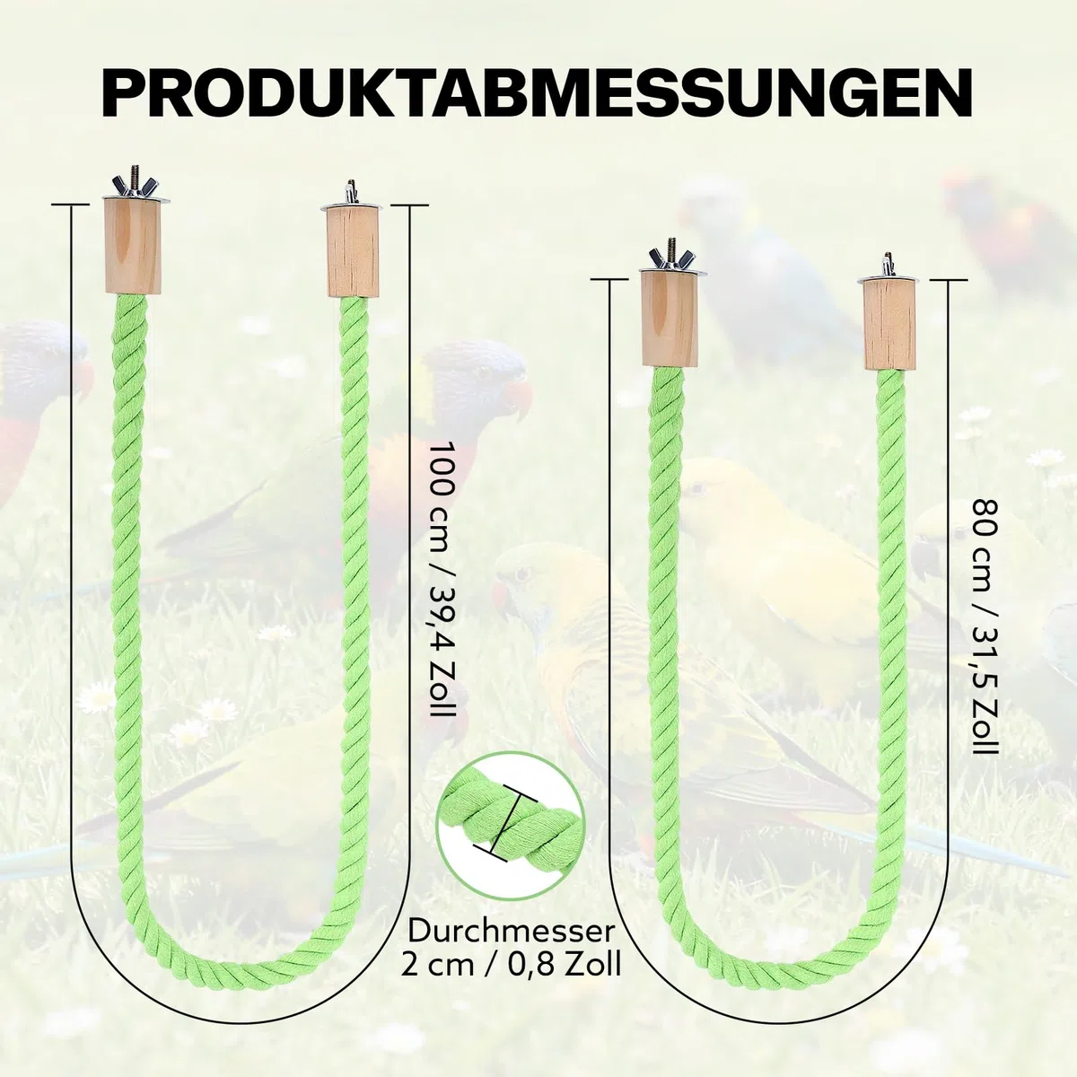 Lot de 2 cordes de chanvre pour oiseaux, 100 cm, accessoires de support de cage à oiseaux, renfort en fil de fer malléable, convient pour perroquets, perruches, calopsittes et plus encore