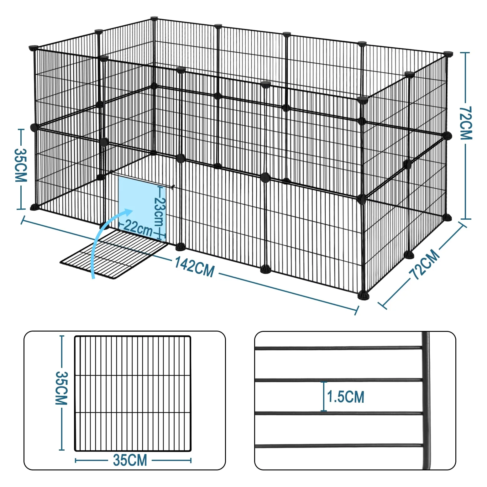 EUGAD Lot de 24 Enclos Lapin avec Porte, Modulable Enclos Lapin Intérieur, DIY Parc pour Petits Animaux, Clapier Métallique, Clôture Réglable pour Lapins Hérissons Furets 142x72x72CM