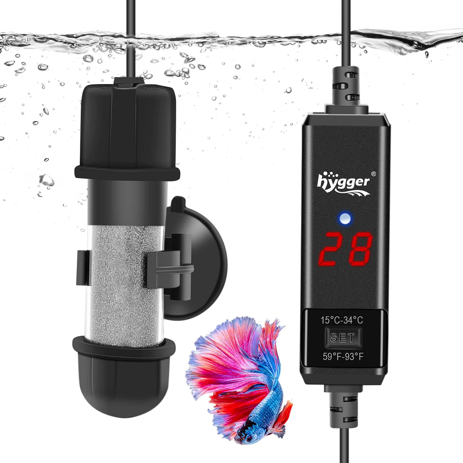 hygger Chauffage Aquarium Mini Chauffage Aquarium, Submersible Chauffage pour Aquarium, Réglable Aquarium Heater 15-34℃ avec Digital Display Controller pour Aquarium de Poissons et de Tortues (10W)