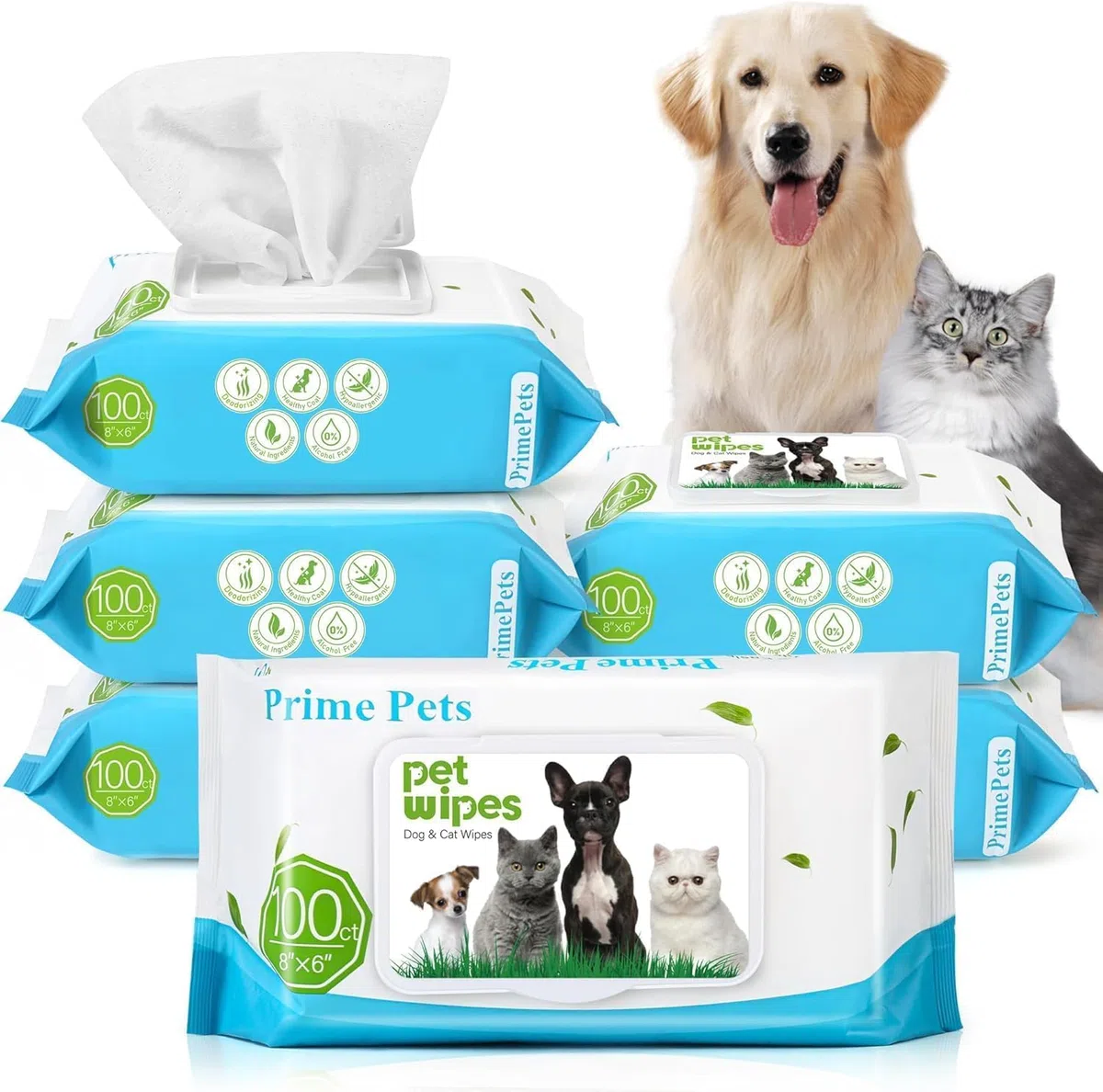 PrimePets Lingette Chien 600 Lingettes Nettoyantes pour Chiens Chats Animaux Domestique, Lot de 6 pour Nettoie Pattes Yeux Oreilles sans Parfum