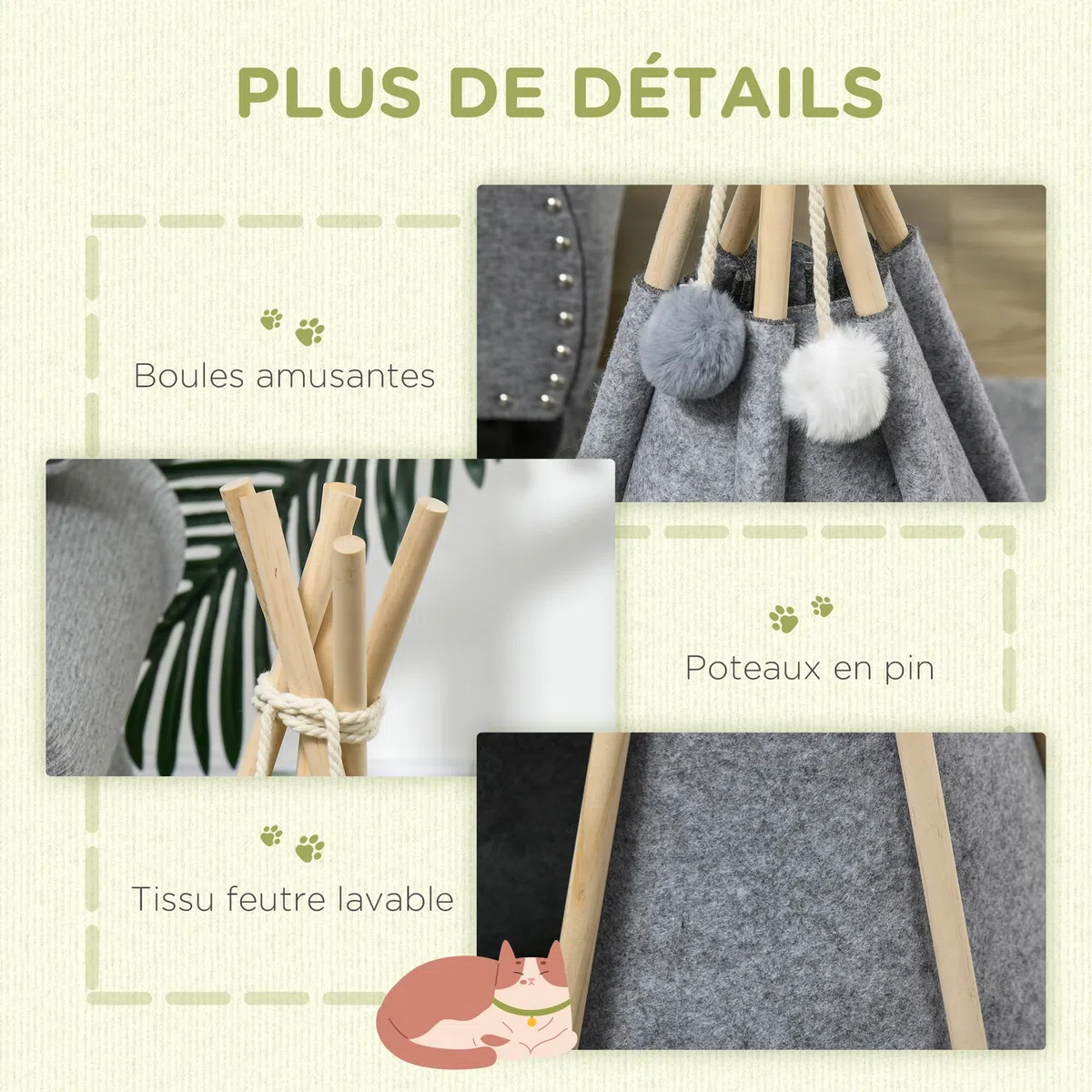 PawHut Tente tipi pour Animaux - Teepee Chat ou Chien - Coussin épais Grand Confort 2 Pompons Inclus - Maison Niche pour Chat Structure Bois de pin Feutrine Peluche Gris