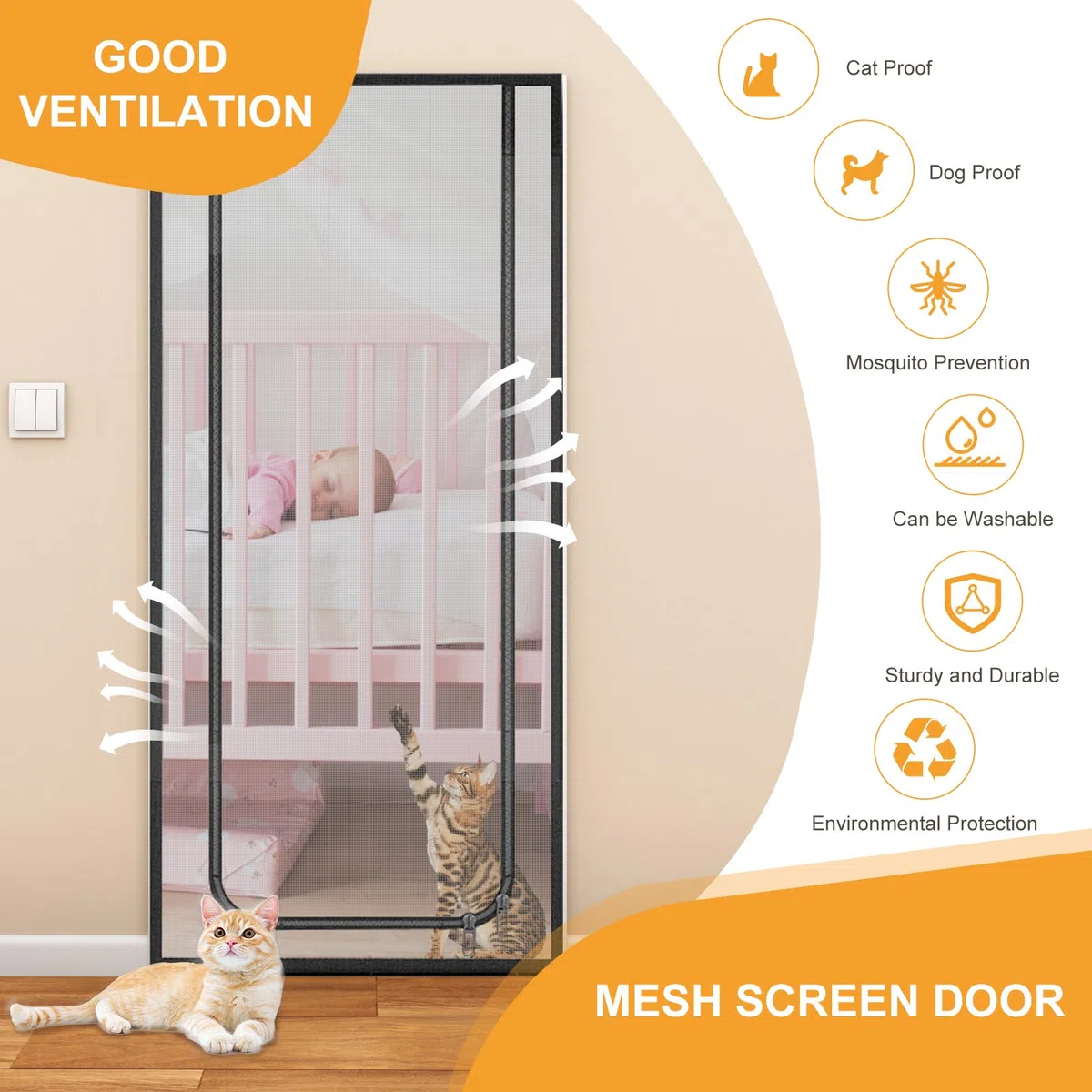 Moustiquaire de Porte pour Chat, Porte Grillagée pour Chiens, Chats, Moustiques, Porte moustiquaire Robuste pour Salon/Cuisine/Coucher, Grille pour chat avec Fermeture Eclair sans s'échapper (80*200)