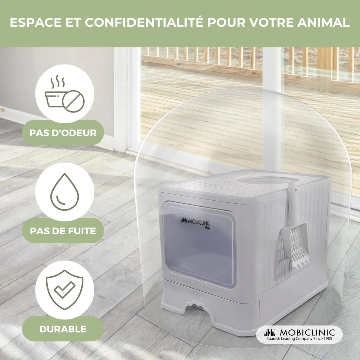 Mobiclinic® Pets, Bac à litière pour Chats Couvert, Tiroir Amovible, Inclus Une Pelle, Catbox, Double entrée Frontale et supérieure avec Couvercle, Grille, Démontable