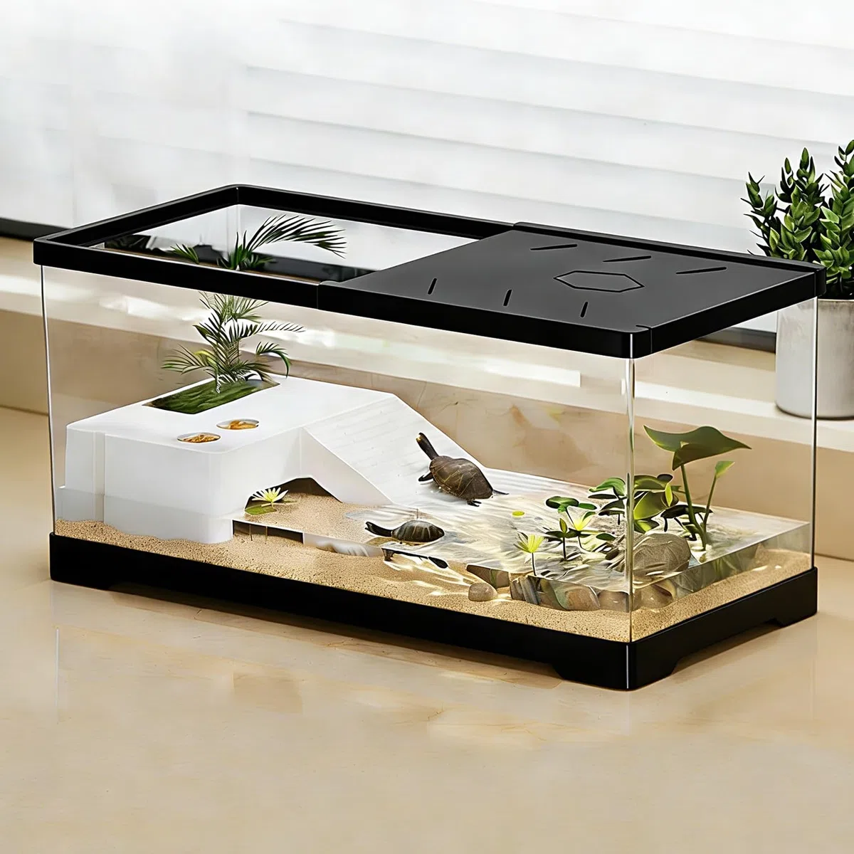 Aquarium pour Tortues avec Plate-Forme de Bain de Soleil et Drainage au Fond, Aquarium de 30 x 18 x 18,5 cm pour Jeunes Tortues, écrevisses, crabes, Amphibiens, Reptiles, Noir