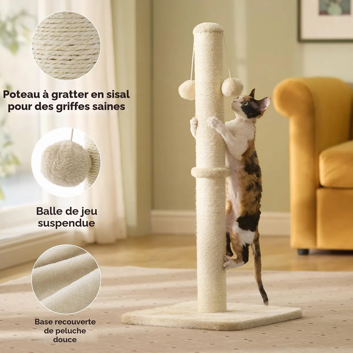 Lesure Griffoir pour Chat Intérieur - 36x36x74cm Arbre à Chat intérieur en sisal avec Balle Suspendue, Grande stabilité pour Chat et Chaton, Beige