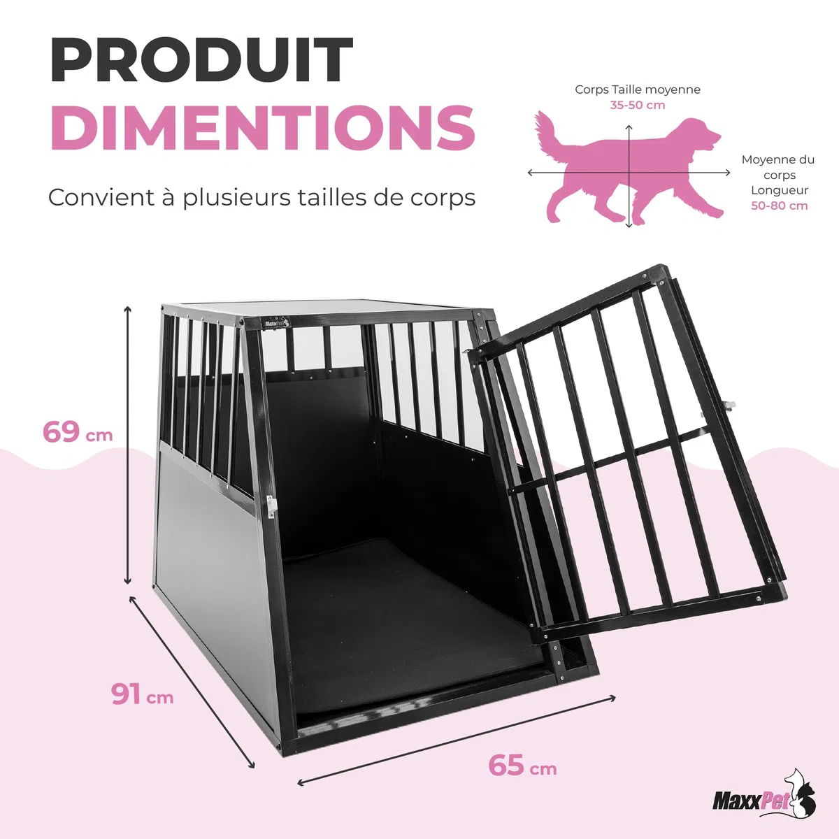 MaxxPet Cage pour chien de voiture - Taille XXL - En aluminium - 65 x 91 x 69 cm