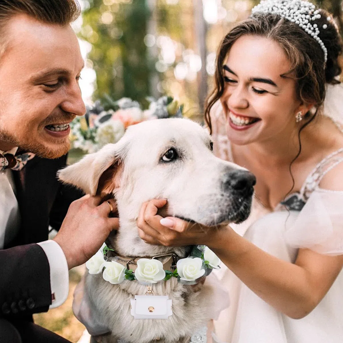 NICENEEDED Lot de 3 colliers pour mariage, chien, ensemble de fleurs, perles de laisse pour chiens avec perles porte-alliances, nœud papillon réglable pour le cou du chien