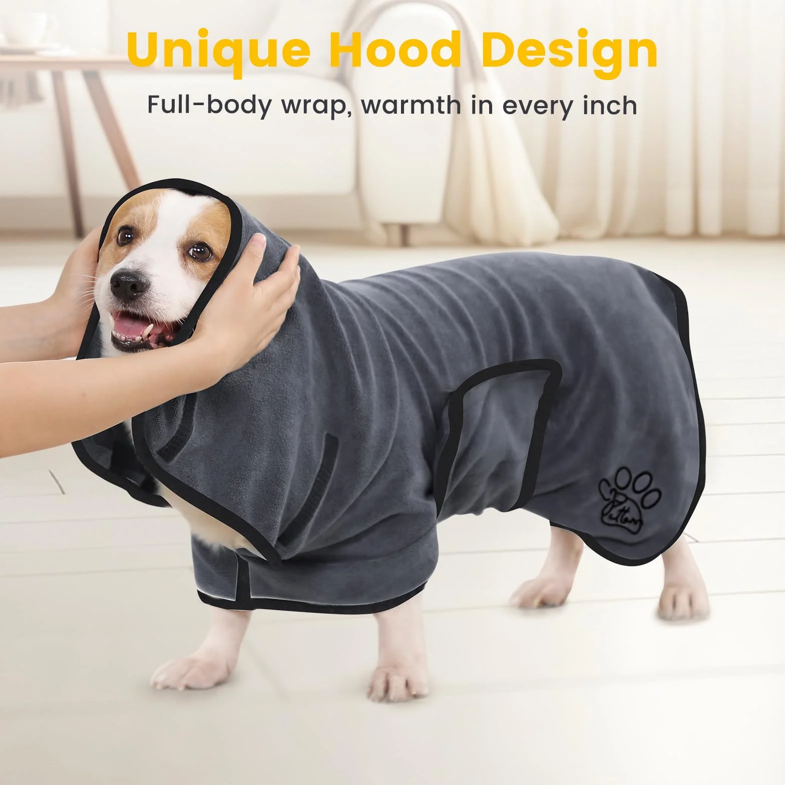 PETTOM Peignoir Chien Microfibre Super Absorbante Réglable, Serviette Bain Chiens avec Col Montant pour Séchage Rapide après Bain, Piscine, Plage et Pluie (Gris L)