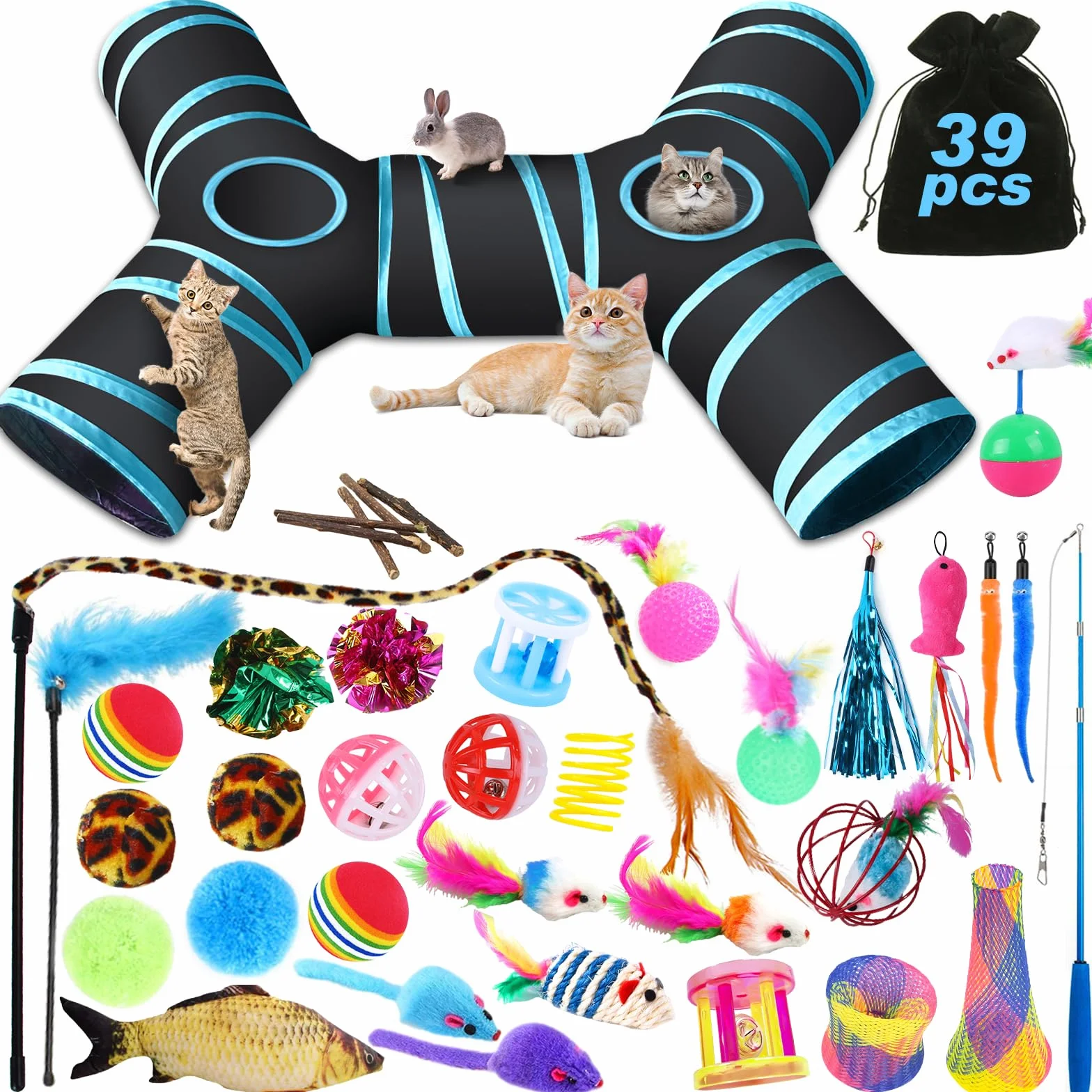 Kit Jouets Chat 39 pièces Interactif, Jeux Chaton, pour Animaux Domestiques Toys Minou avec Tunnel,Plume,Poisson,Souris,Balle