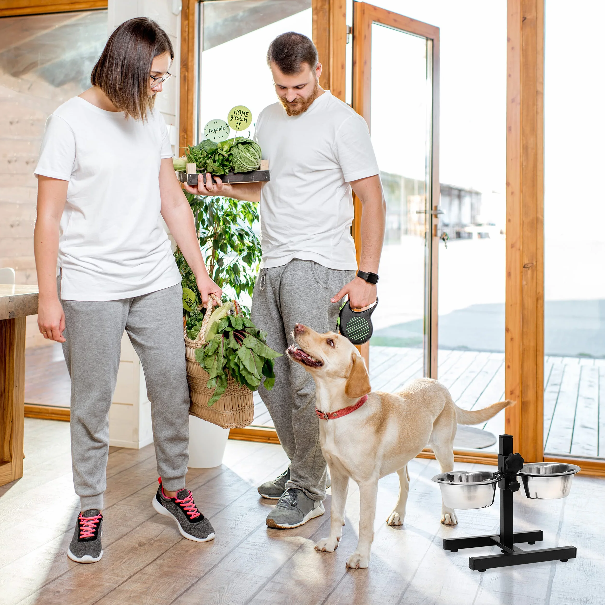 Relaxdays Gamelles pour chiens, 2,2 l, acier inoxydable, HLP 42 x 53 x 26 cm, hauteur réglable, antidérapant, argenté