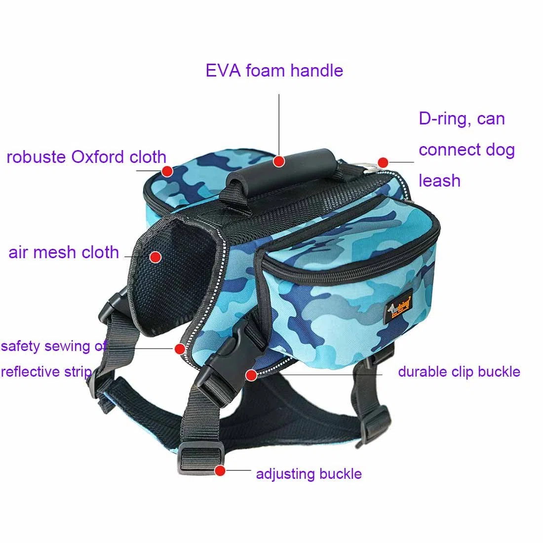 Ondoing Sac à dos pour chien Harnais de taille moyenne Grand chien pour l'extérieur Sac de selle réglable Sac réfléchissant pour la randonnée, le camping et les voyages Taille XL, camouflage rose