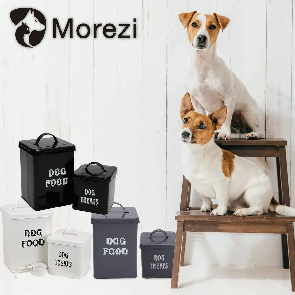 Morezi Lot de boîtes de nourriture et friandises pour animaux de compagnie avec pelle pour chats ou chiens – Acier carbone avec revêtement en poudre crème – Couvercles hermétiques – Boîtes de