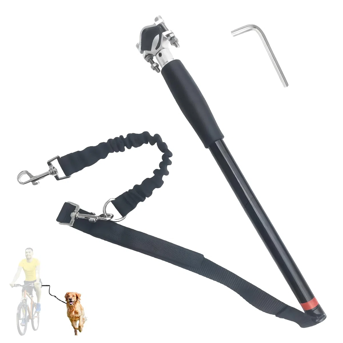 Laisse de vélo pour chien : laisse d'exercice rétractable, mains libres, avec clé hexagonale et joint en caoutchouc, entraînement pour chiens