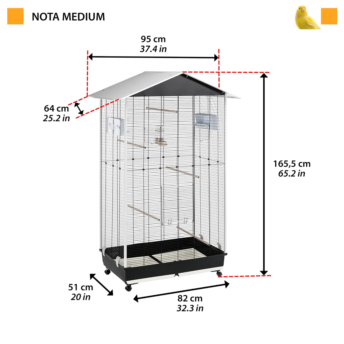 Ferplast Cage à Oiseaux NOTA Volière extérieure pour Oiseaux, Canaris, Pinsons, Perruches Ondulées, Inséparables, en Métal, Accessoires Inclus Mangeoires rotatives Perches Roues, 95x64xh 165,5 cm.