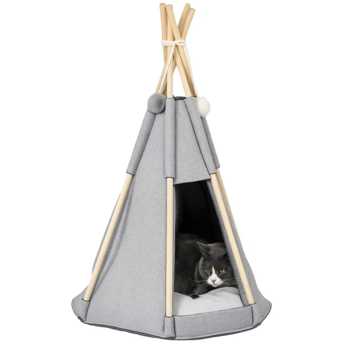 PawHut Tente tipi pour Animaux - Teepee Chat ou Chien - Coussin épais Grand Confort 2 Pompons Inclus - Maison Niche pour Chat Structure Bois de pin Feutrine Peluche Gris