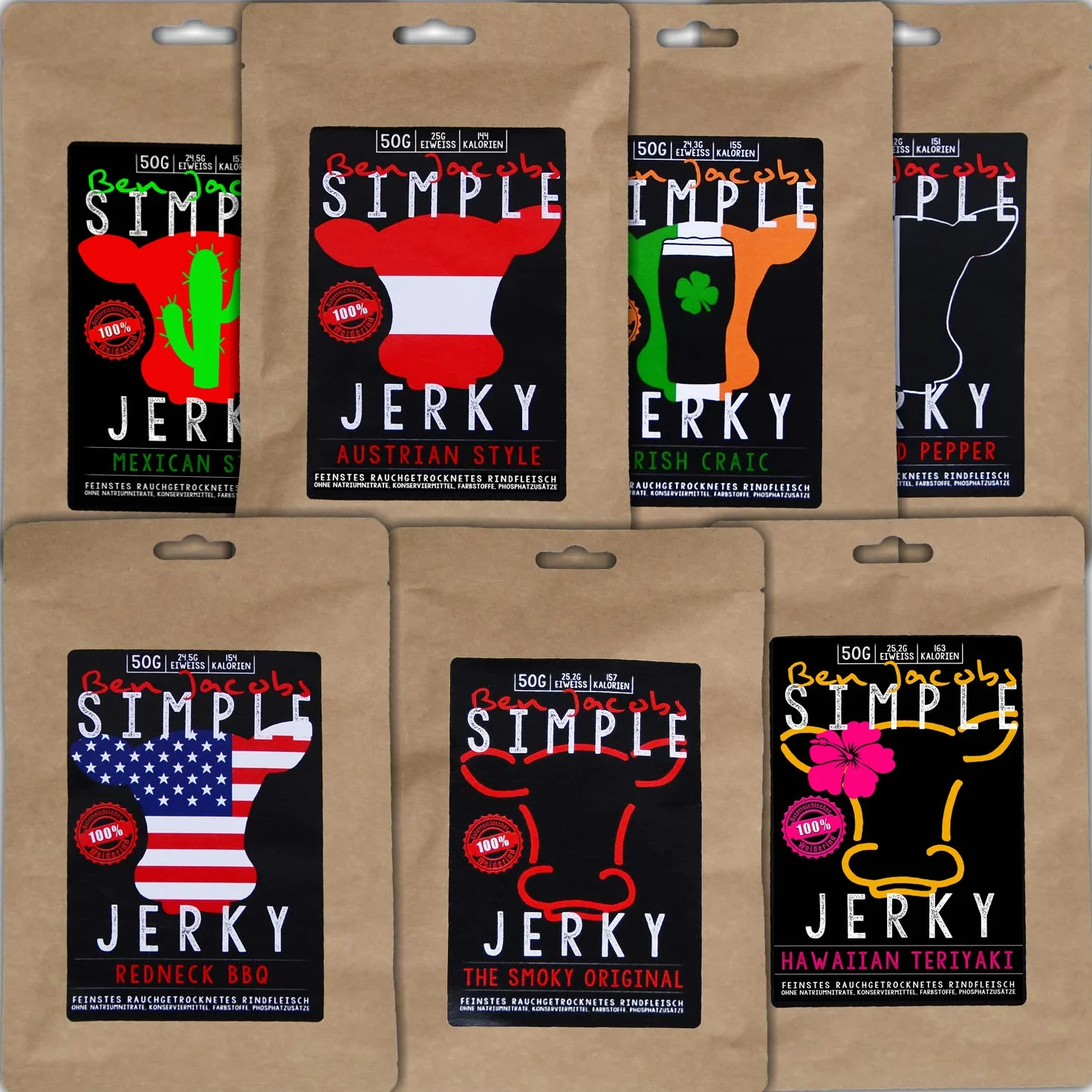 Beef Jerky Big Sample Box 5 x 50g, bœuf nourri à l'herbe autrichien de qualité supérieure, sans additifs ni conservateurs (Mixed Flavors)