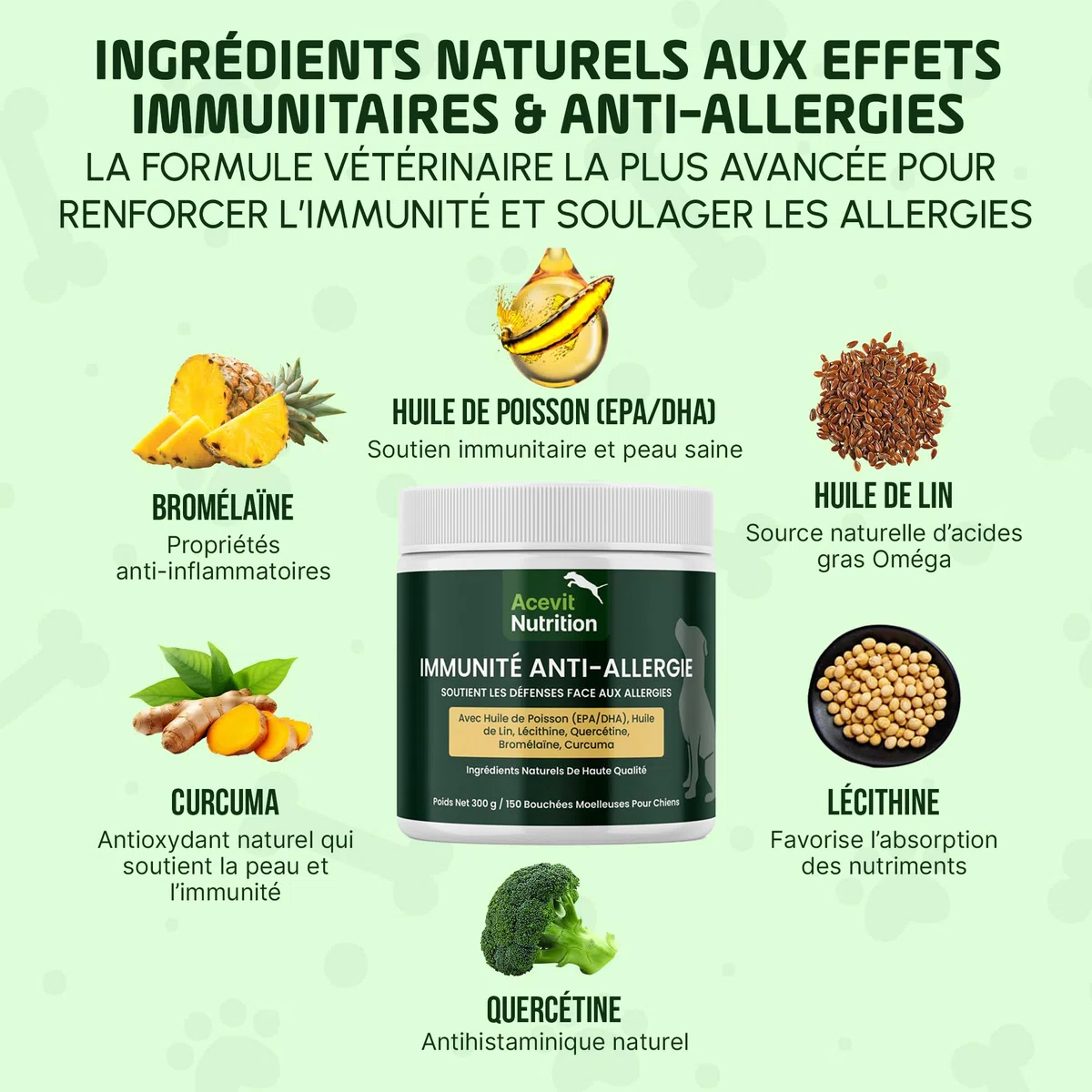 Anti Allergie Chien, 150 bouchées, 100% Naturel – Complément Immunitaire & Peau – Quercétine, Oméga 3, Curcuma – Anti Démangeaison, Allergies Alimentaires & Dermatite | Acevit Nutrition