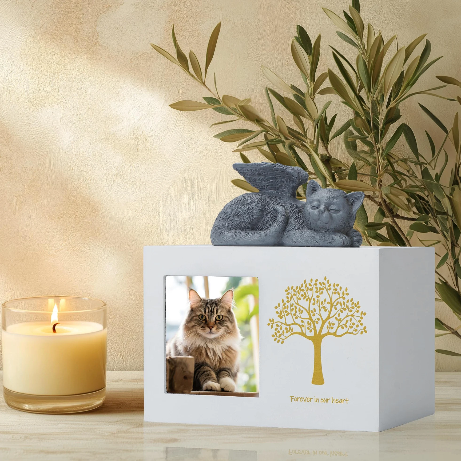 Boîte de crémation pour animaux de compagnie - Urne blanche en bois - Avec statue d'ange de chat en résine et sac
