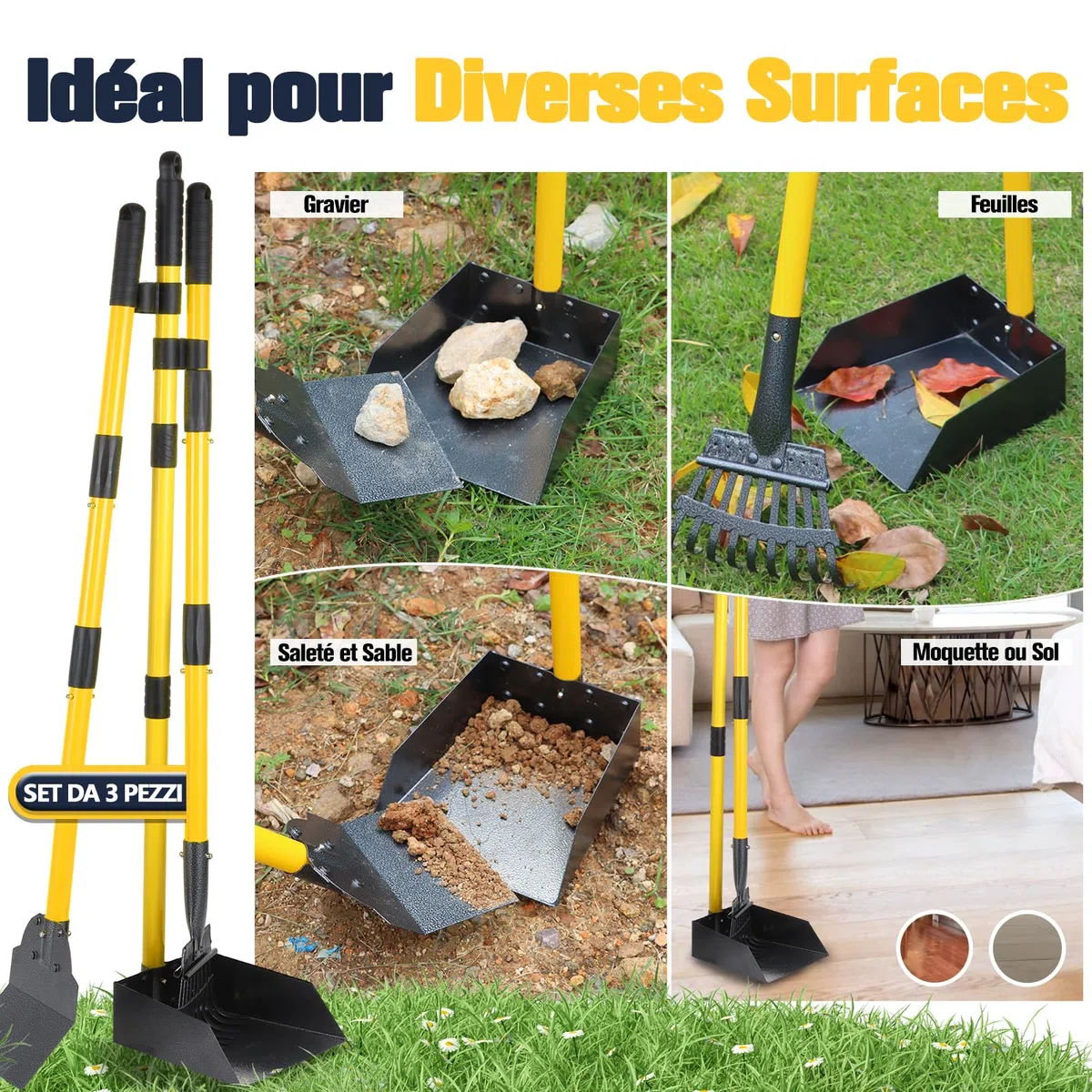 Ramasse-Crottes, Plateau, RâTeau & Pelle pour Chien avec Long Manche MéTal Ajustable, Pelle Crotte Robuste avec Sacs à DéChets pour la Cour, Les Promenades, l'herbe et Les Feuilles de Jardin