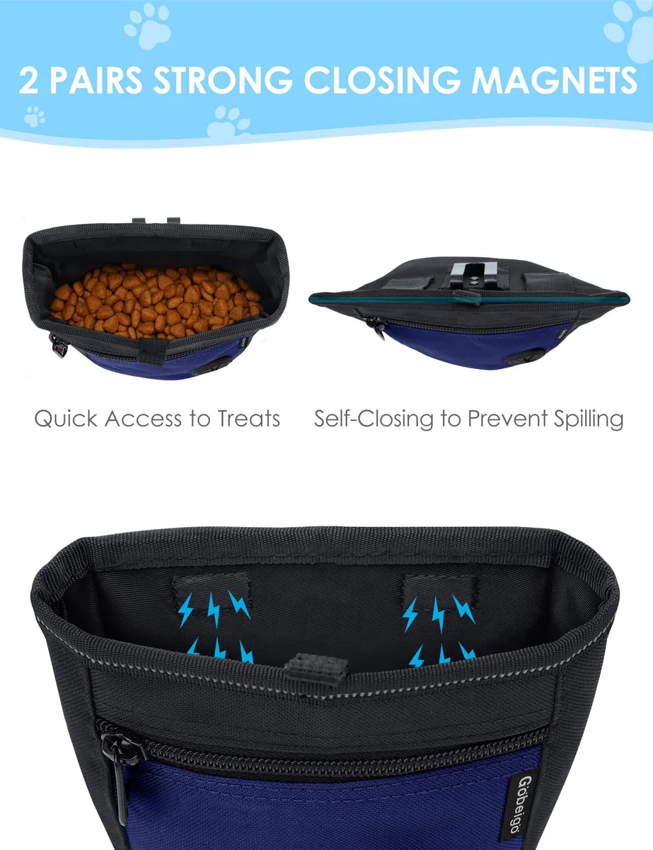 Gobeigo Pochette à friandises pour chien et clicker de dressage, deux fermetures magnétiques pour éviter les déversements, sac à friandises pour 2 tasses avec distributeur de sacs à déjections, clip