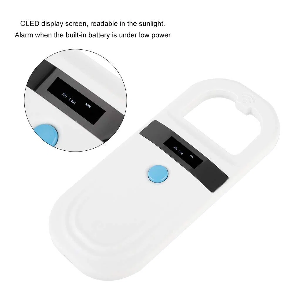 Lecteur de Puces RFID, Scanner de Puces d'identification pour Animaux de Compagnie avec Affichage OLED de Luminosité élevée de 0,91 Pouce 128 Pièces de Stockage d'informations d'étiquette