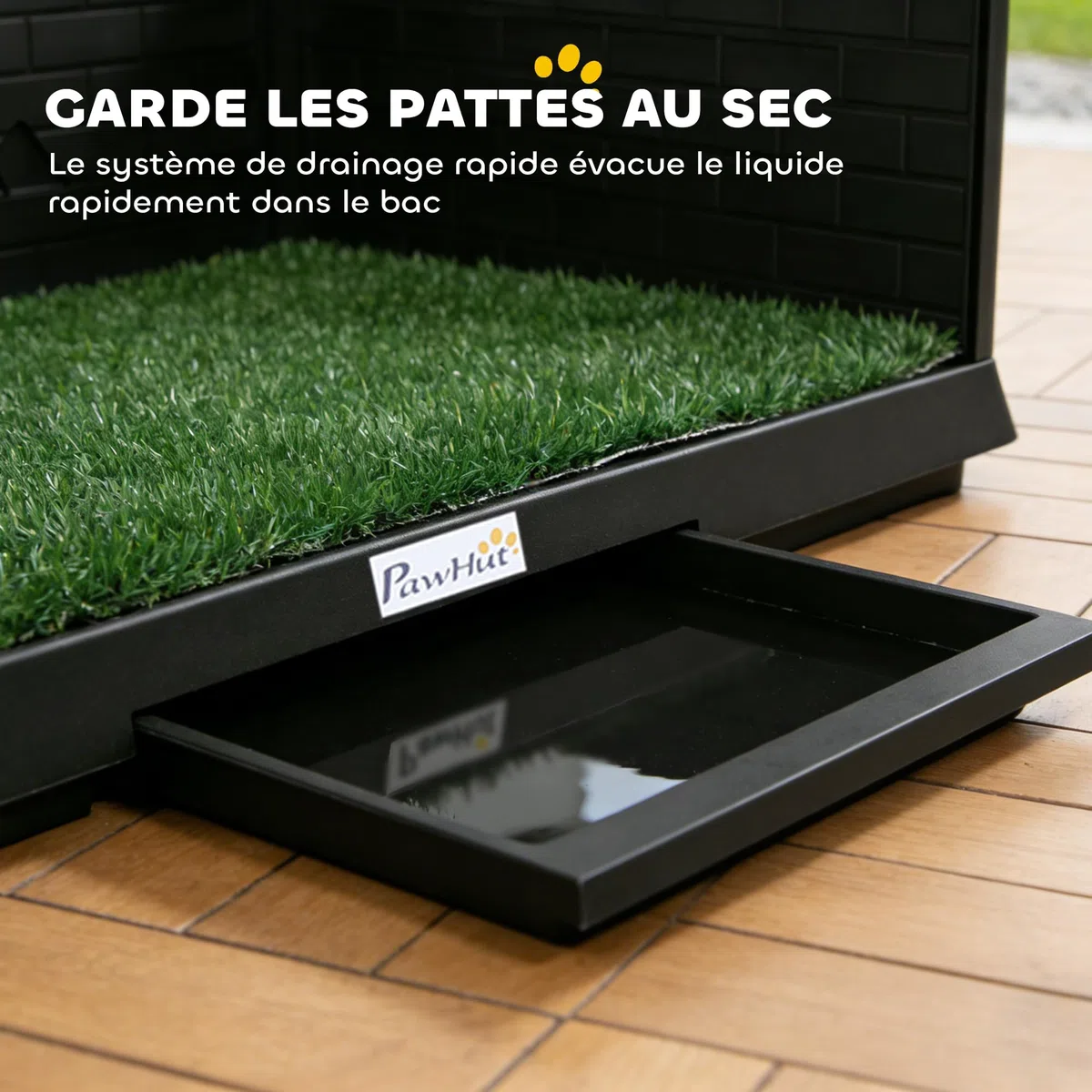 PawHut Toilette pour Chien avec Gazon Artificiel, Parois Hautes et Plateau Coulissant, Bac à Litière pour Chien avec Système de Drainage, 75x51x36,5cm, Noir
