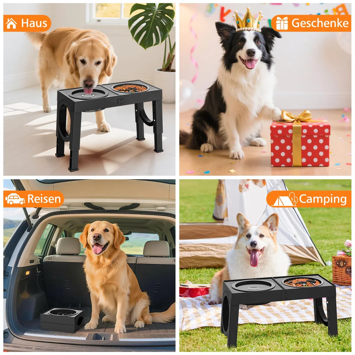 X XBEN 3-in-1 Gamelles Surélevées de 5 Hauteurs Ajustables, Gamelle pour Chien avec 1L Gamelle Anti-Glouton et 1,4L Anti-éclaboussures, Antidérapant, pour Chien de Taille Moyenne et Grande