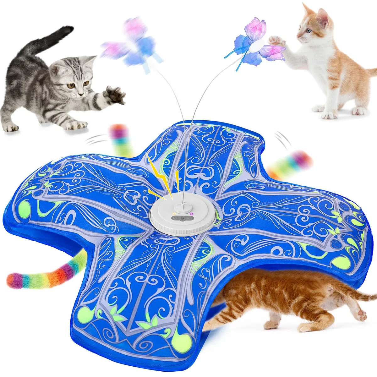 Jouet Interactif pour Chats d'Intérieur, [Nouvelle Version Améliorée] Jouet Rechargeable pour Chaton à Activation Tactile avec Jeu de Cache-Cache et Élément Virevoltant (Bleu)