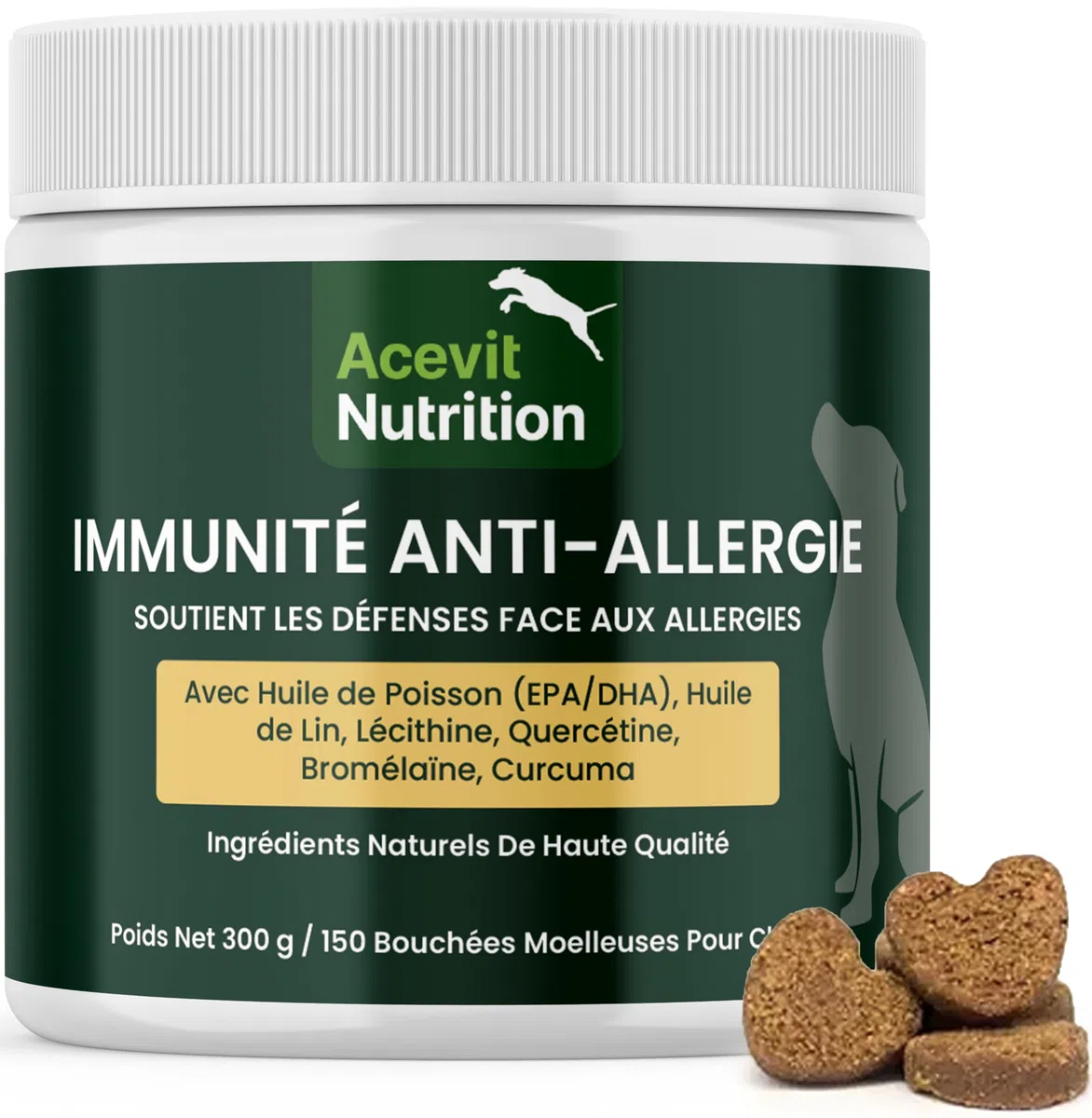 Anti Allergie Chien, 150 bouchées, 100% Naturel – Complément Immunitaire & Peau – Quercétine, Oméga 3, Curcuma – Anti Démangeaison, Allergies Alimentaires & Dermatite | Acevit Nutrition