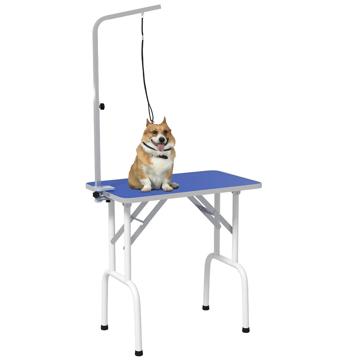 PawHut Table de toilettage pliable avec plateau antidérapant, bras en acier inoxydable réglable, pour chiens, chats, 81 x 48,5 x 80 cm, bleu