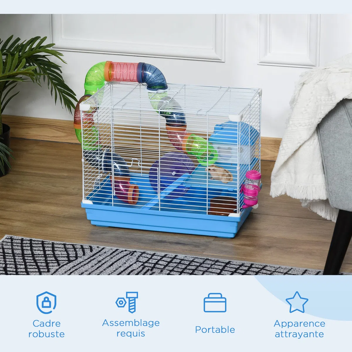 PawHut Cage pour Rongeur Hamster 2 Niveaux avec Tunnel, Bouteille d'eau, Roues, Maison, échelle dim. 46L x 30l x 37H cm