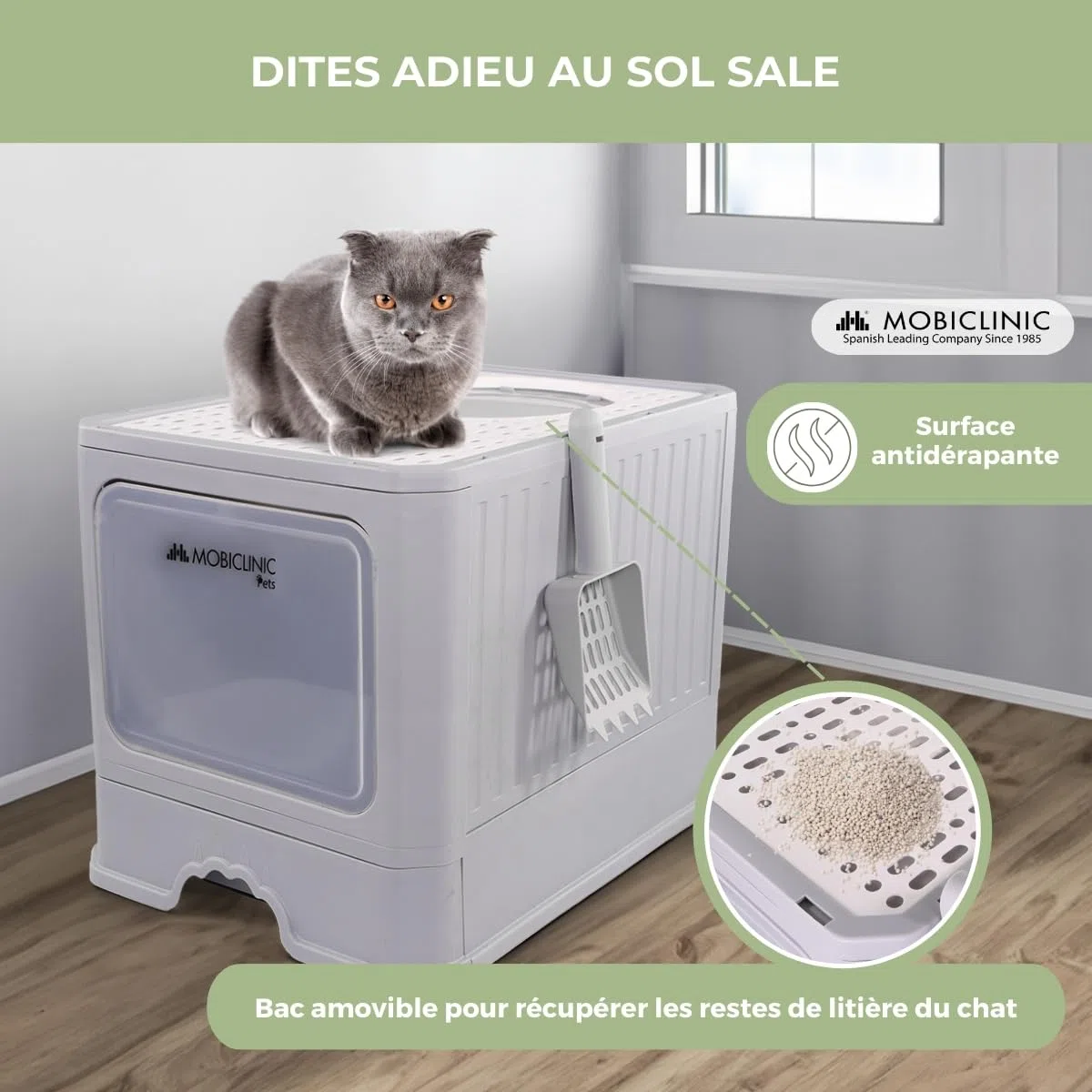 Mobiclinic® Pets, Bac à litière pour Chats Couvert, Tiroir Amovible, Inclus Une Pelle, Catbox, Double entrée Frontale et supérieure avec Couvercle, Grille, Démontable